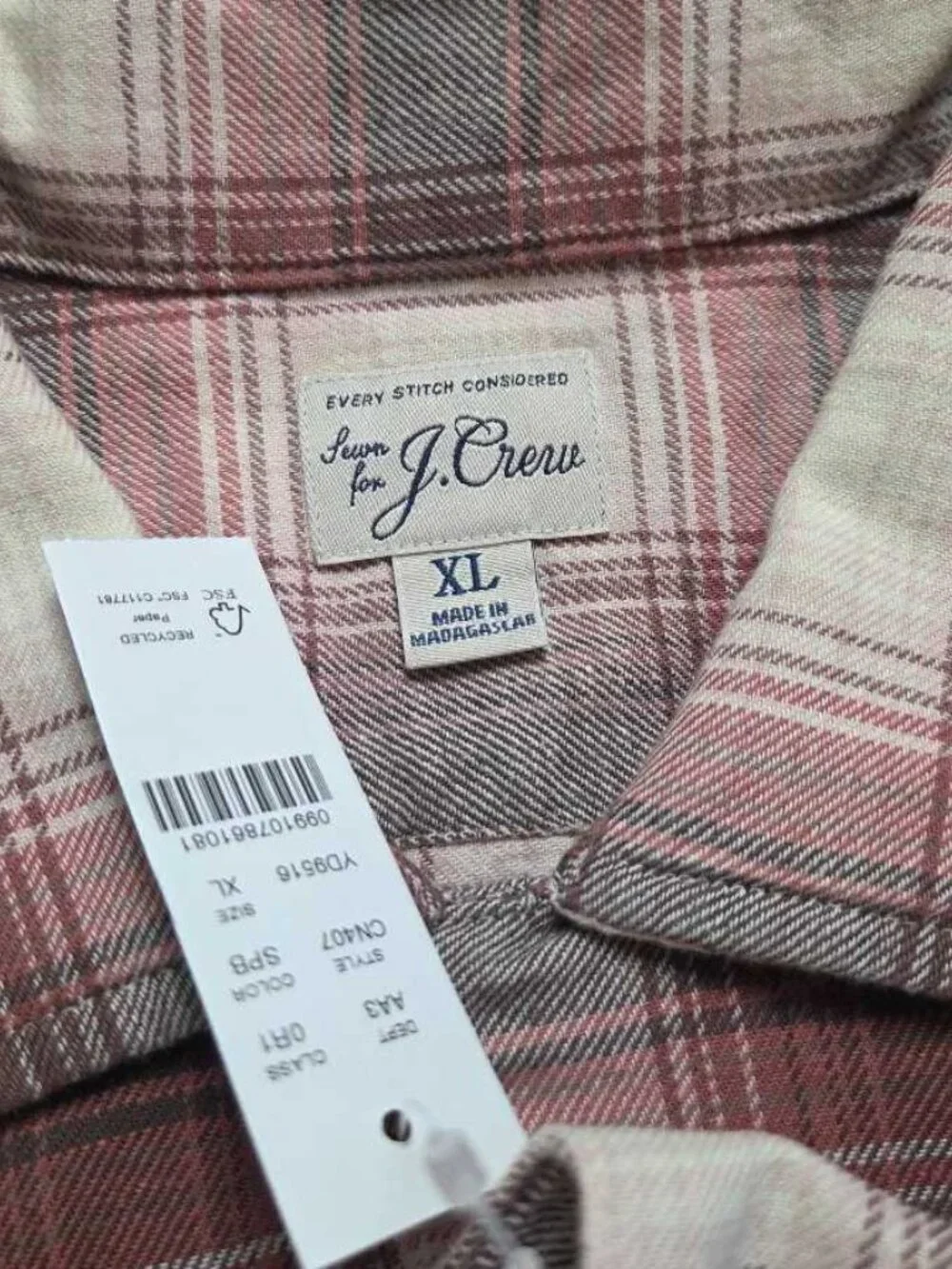 New XL J.Crew cotton hemp blend twill camp collar plaid shirt Sage Pink Brown